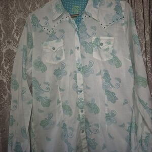 Women's White and Green Paisley Button Down Shirt